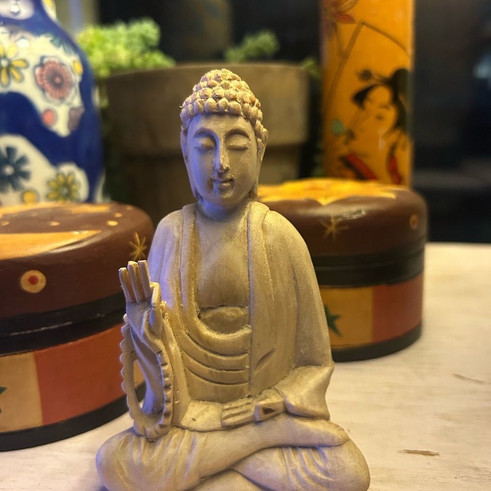 Serene Handcrafted Wooden Cream Buddha Sculpture Indonesia - Picture 2 of 11
